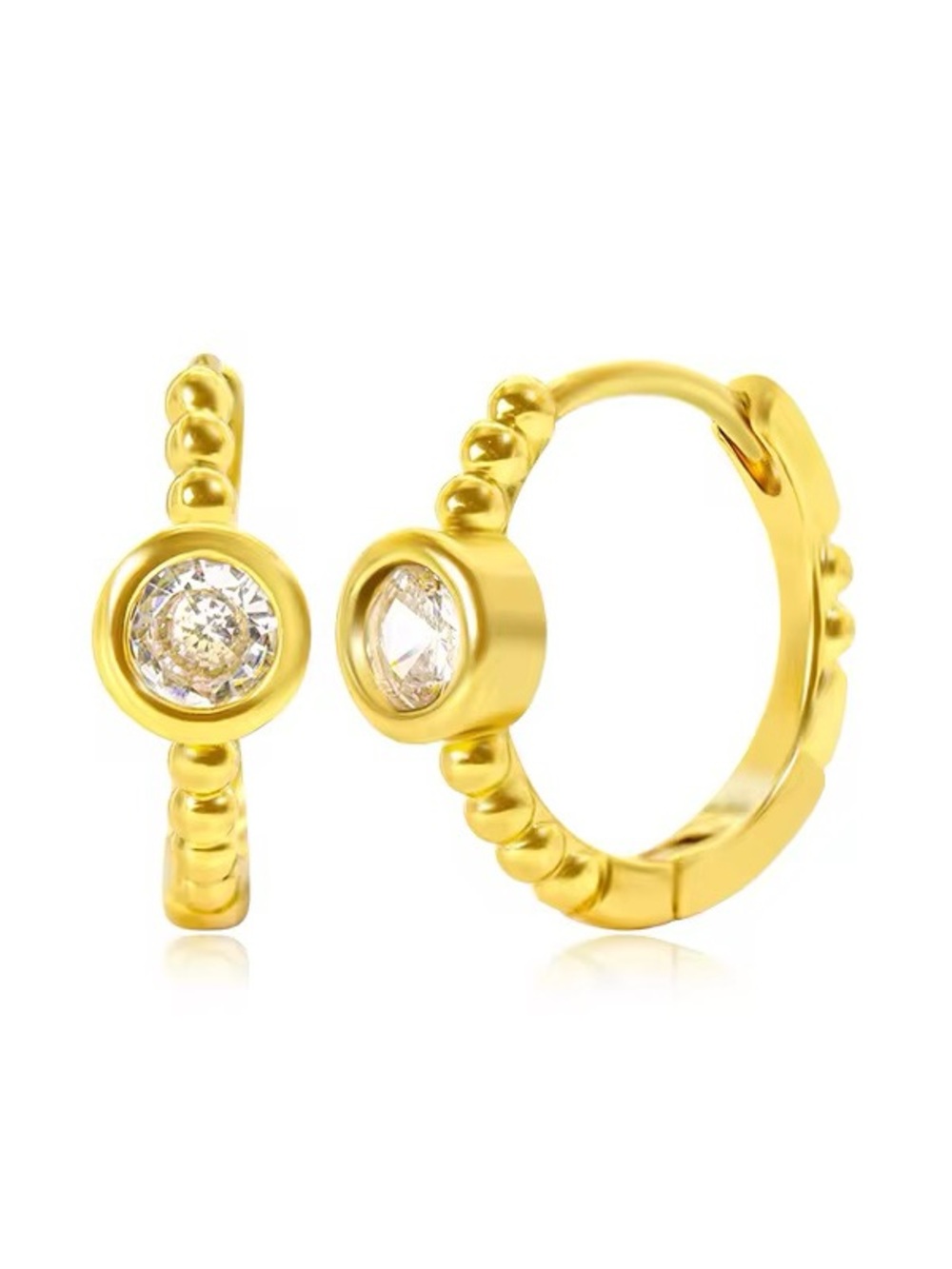 18k gold plated beaded huggie hoop earrings | bezel-set cubic zirconia stone